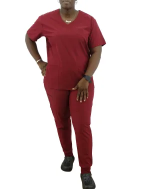 1503WINE, Just Scrubs, 2pc Jogger Pants Scrub Set-Wine (S-2XL)