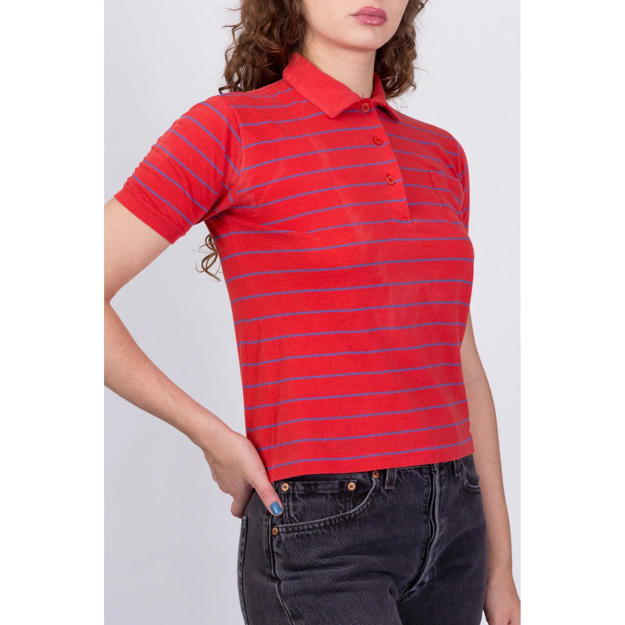 80s Red Striped Polo Shirt - Small