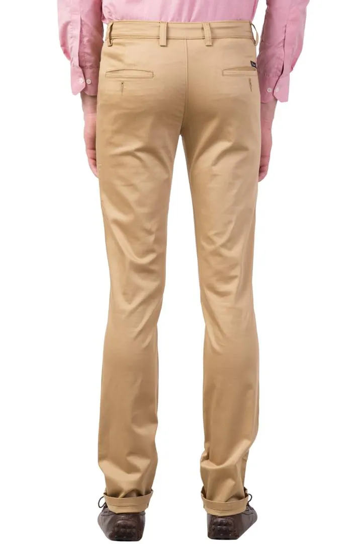 Beige Cotton Blend Mid-Rise Regular Fit Trousers for Men's