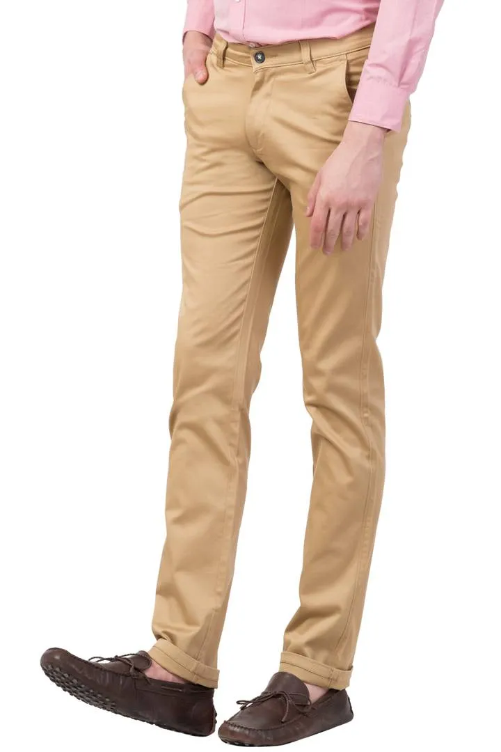 Beige Cotton Blend Mid-Rise Regular Fit Trousers for Men's