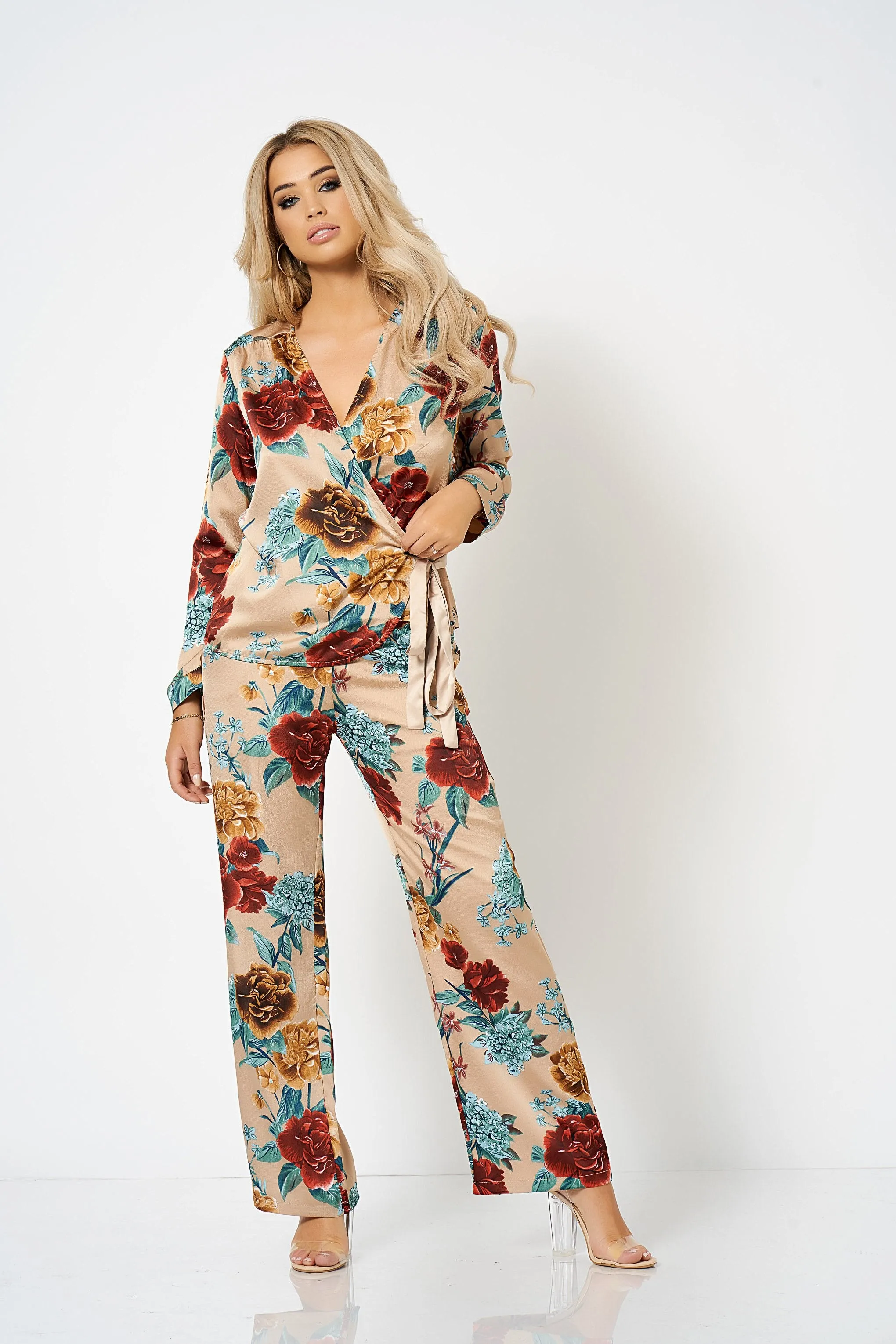 Beige Floral Wide Leg Co-Ord Trousers