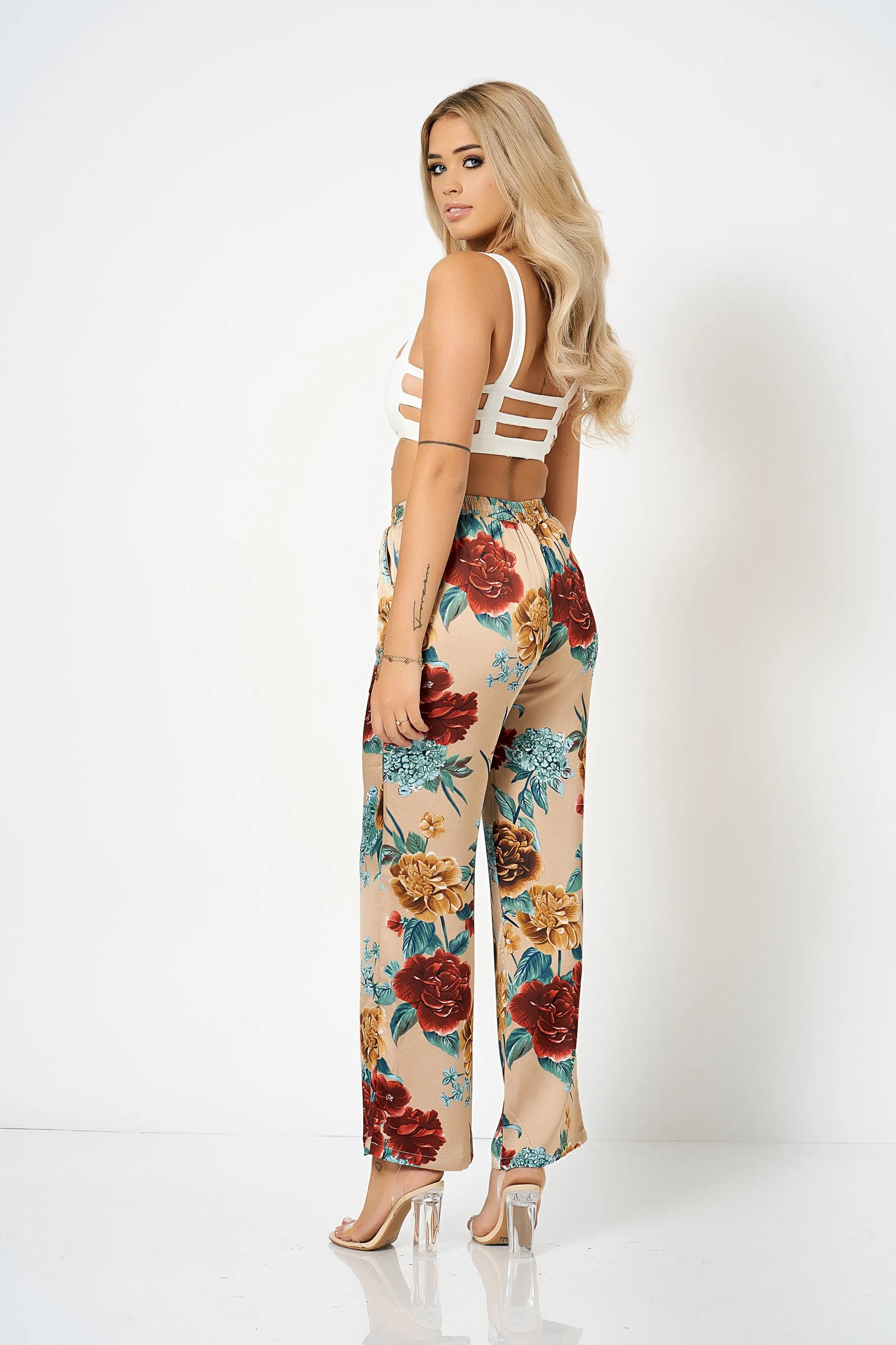 Beige Floral Wide Leg Co-Ord Trousers