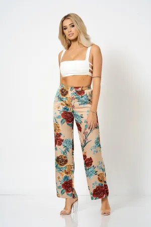 Beige Floral Wide Leg Co-Ord Trousers