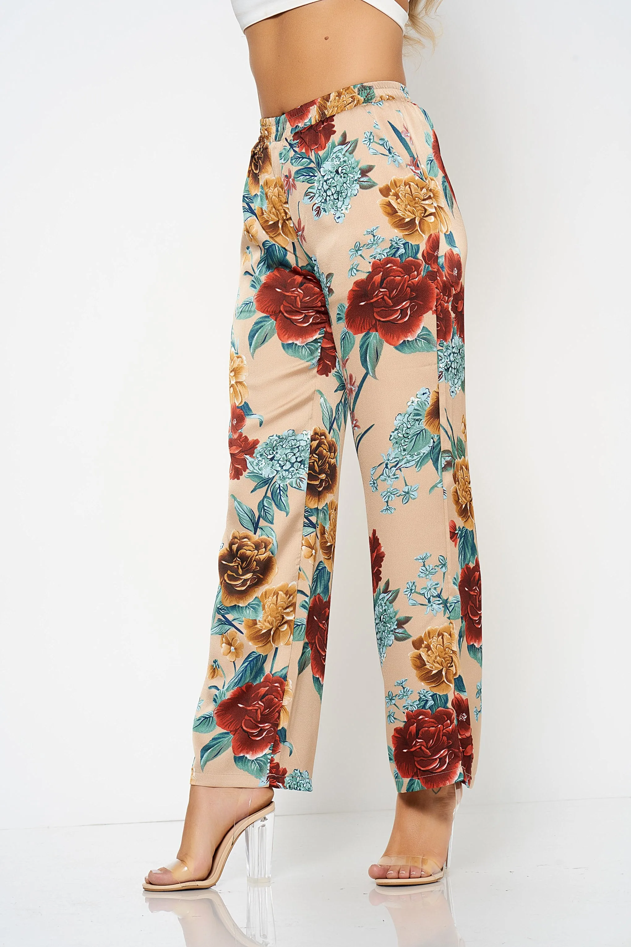 Beige Floral Wide Leg Co-Ord Trousers