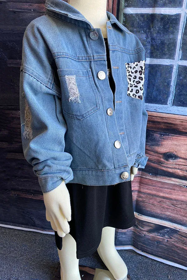 Blue denim girls jacket with leopard pocket DLH2550