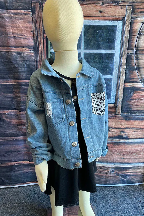 Blue denim girls jacket with leopard pocket DLH2550