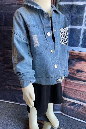 Blue denim girls jacket with leopard pocket DLH2550