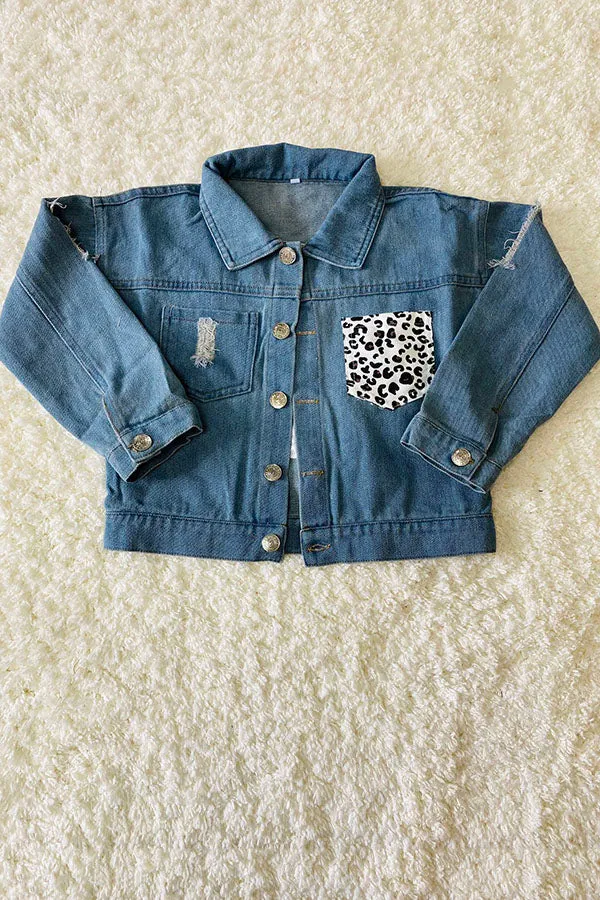 Blue denim girls jacket with leopard pocket DLH2550