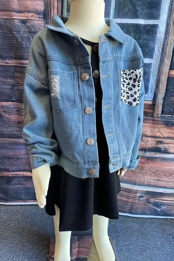 Blue denim girls jacket with leopard pocket DLH2550