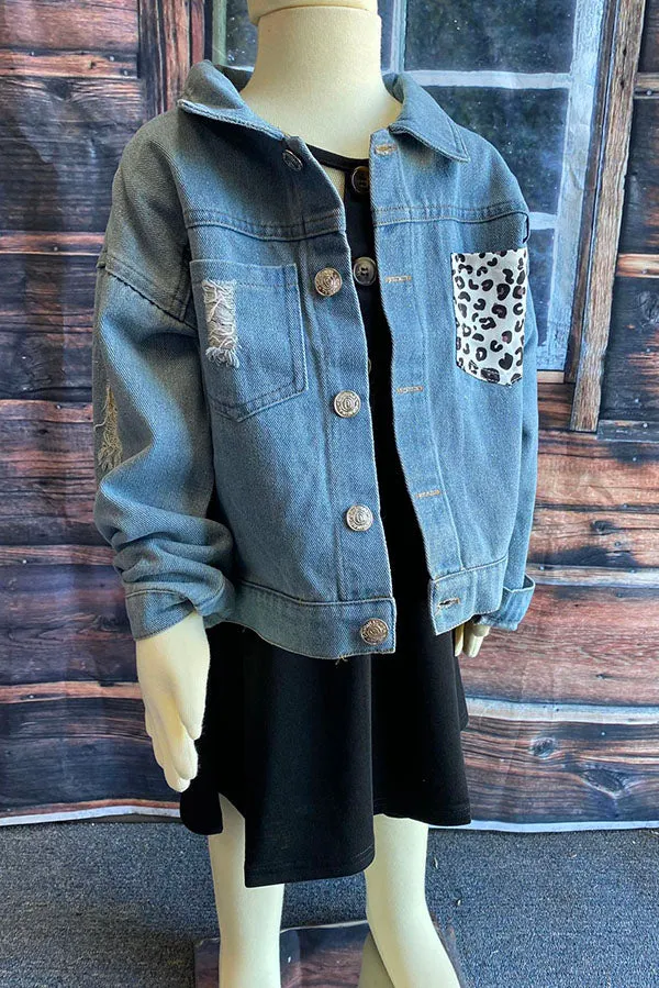 Blue denim girls jacket with leopard pocket DLH2550