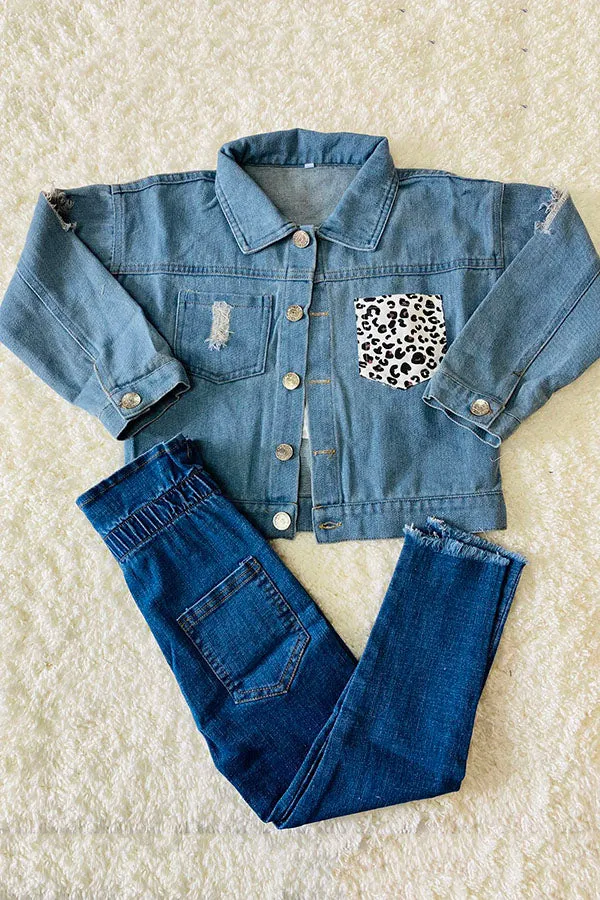 Blue denim girls jacket with leopard pocket DLH2550