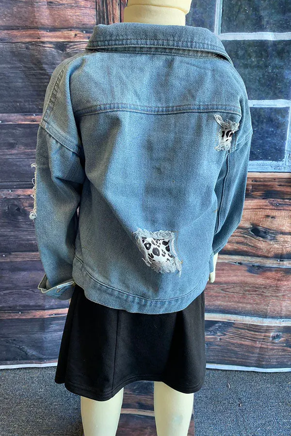 Blue denim girls jacket with leopard pocket DLH2550