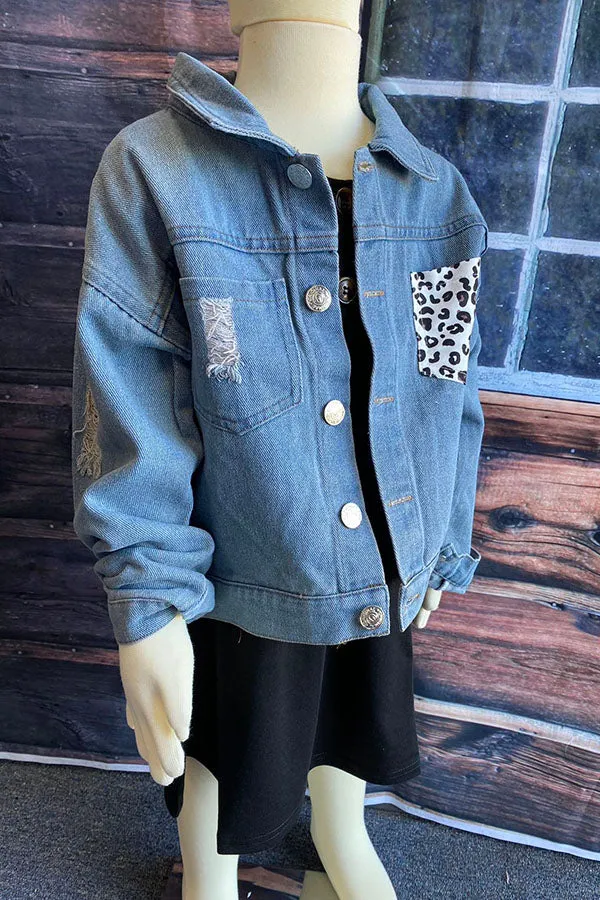 Blue denim girls jacket with leopard pocket DLH2550