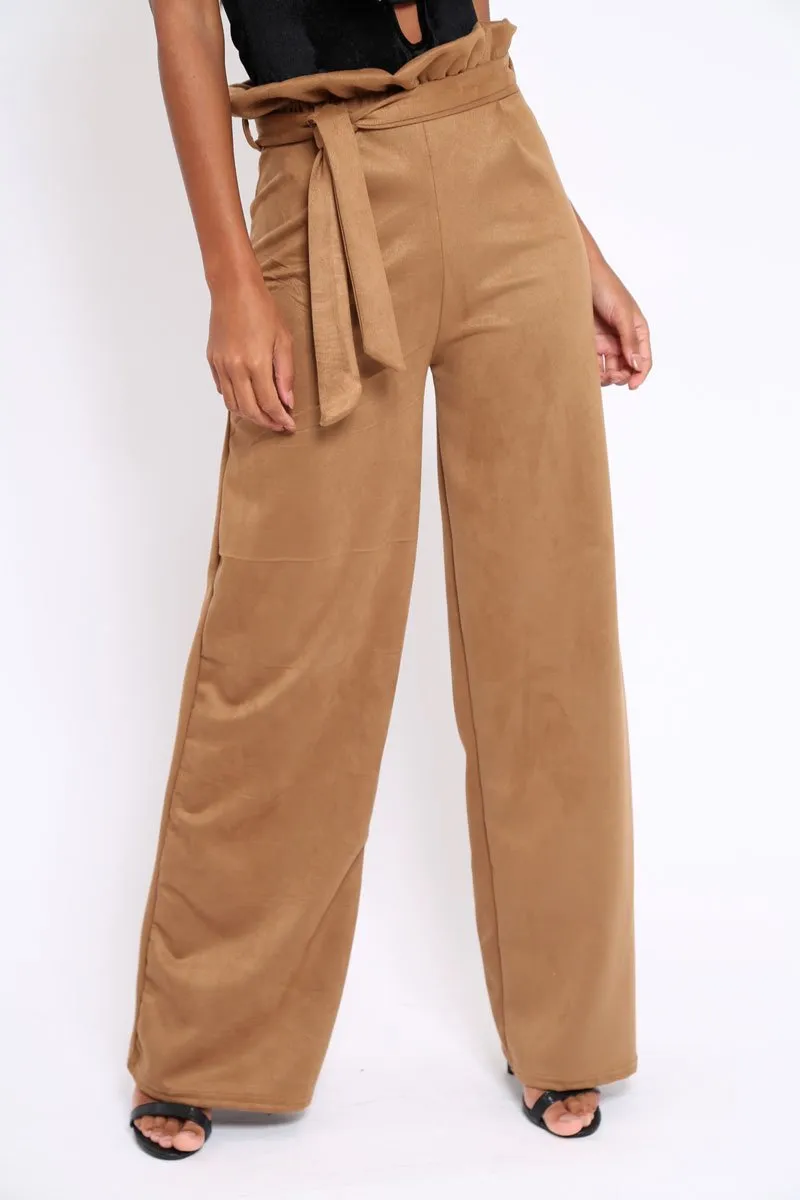 Camel Suedette Paper Bag Tie Waist Wide Leg Trousers - Kennedy