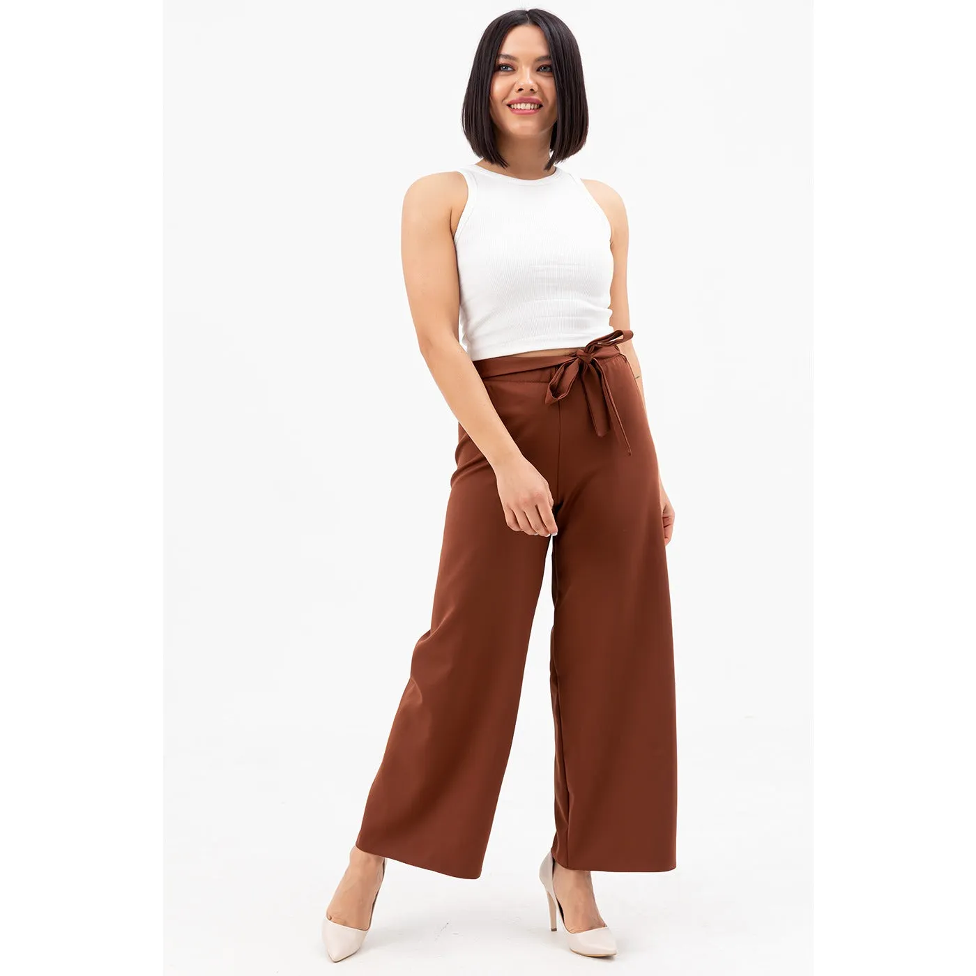 Coffee Belted Wide Leg Trousers