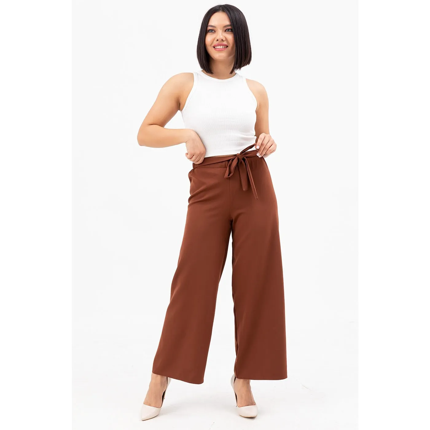 Coffee Belted Wide Leg Trousers