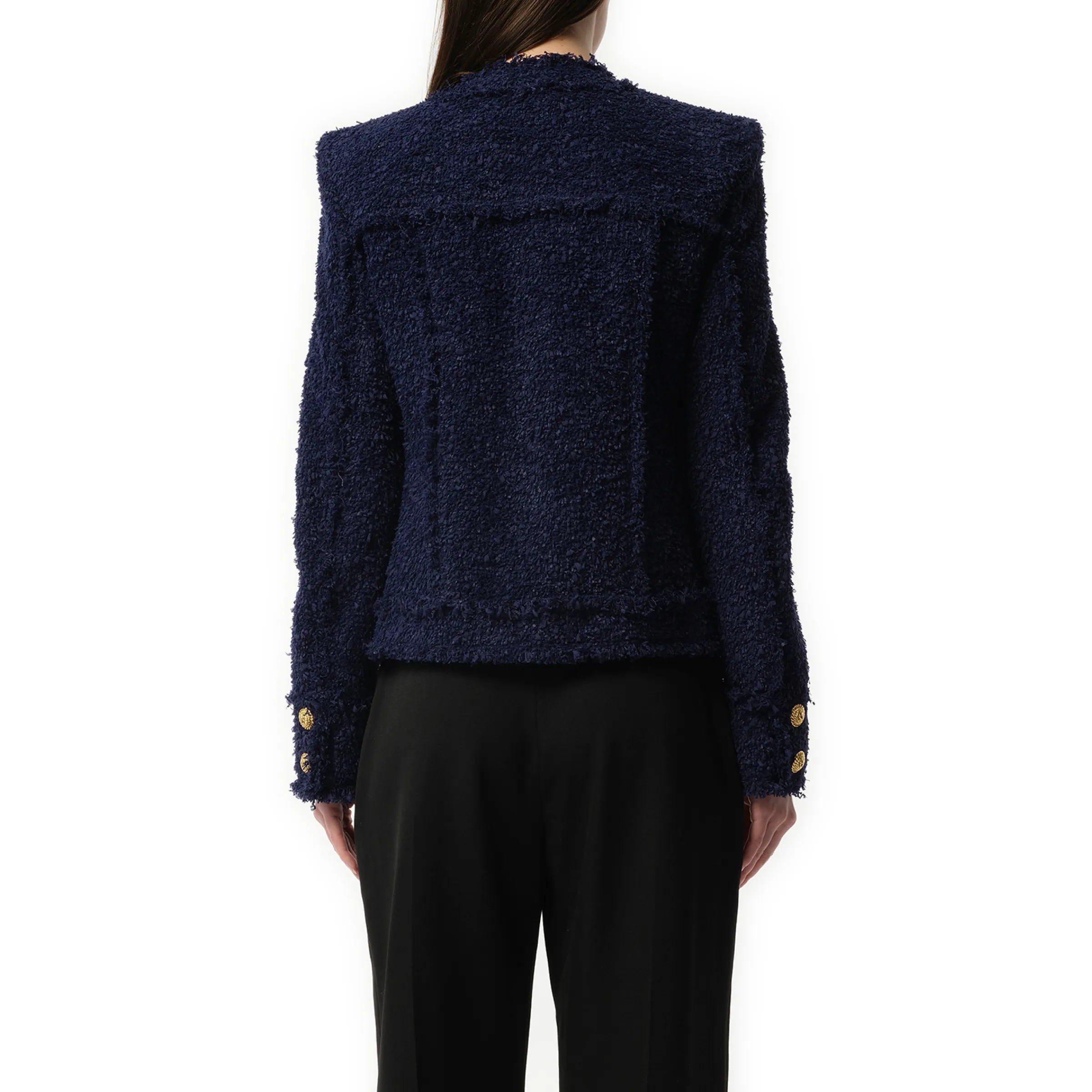 Collarless 2 Pocket Tweed Jacket in Midnight Blue