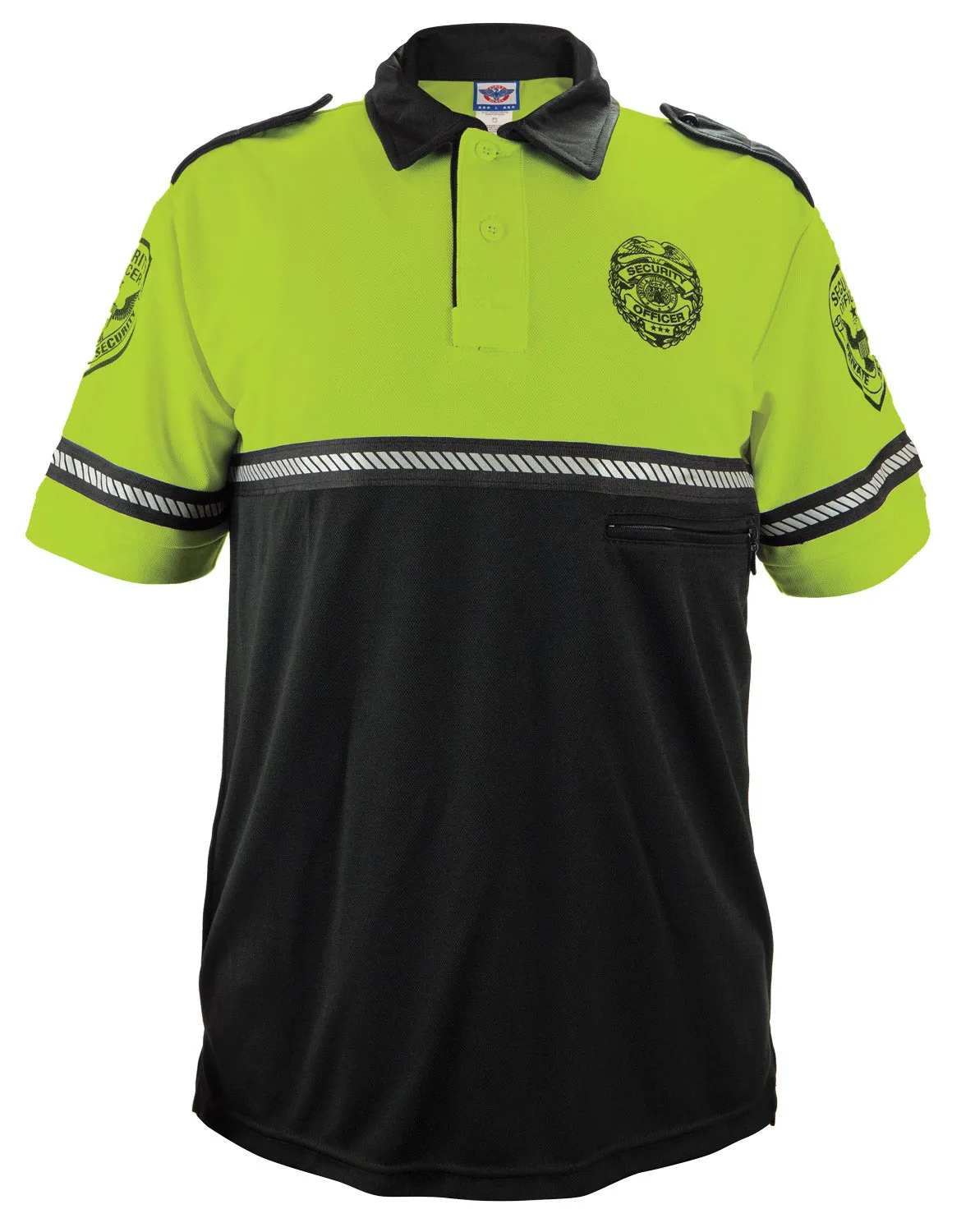 First Class Security Badge and Patch Two Tone Bike Patrol Polo Shirt with Zipper Pocket and Reflective Hash Stripes