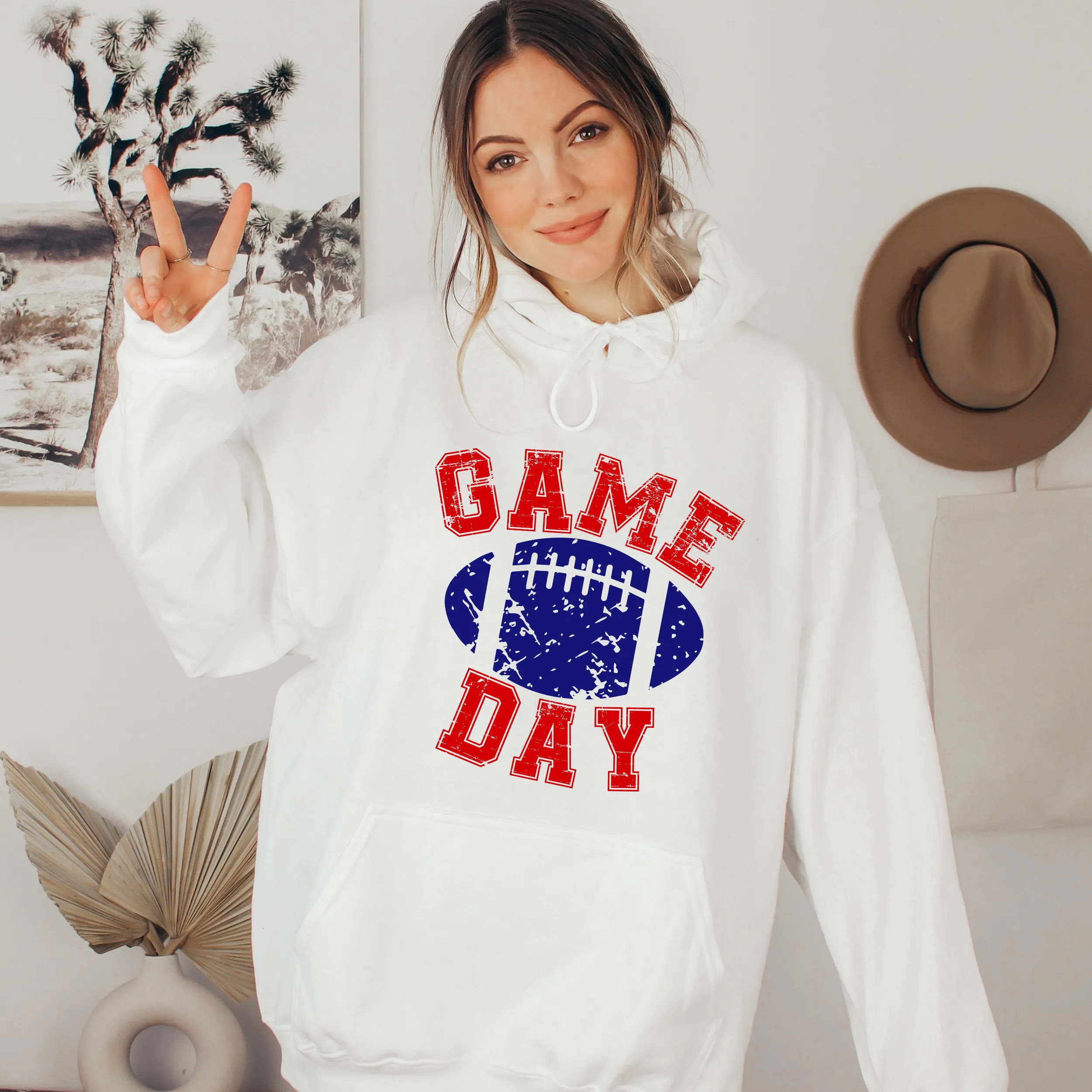 Game Day Unisex Women's or Men's White Hooded Distressed Football Design Sweatshirt or Hoodie