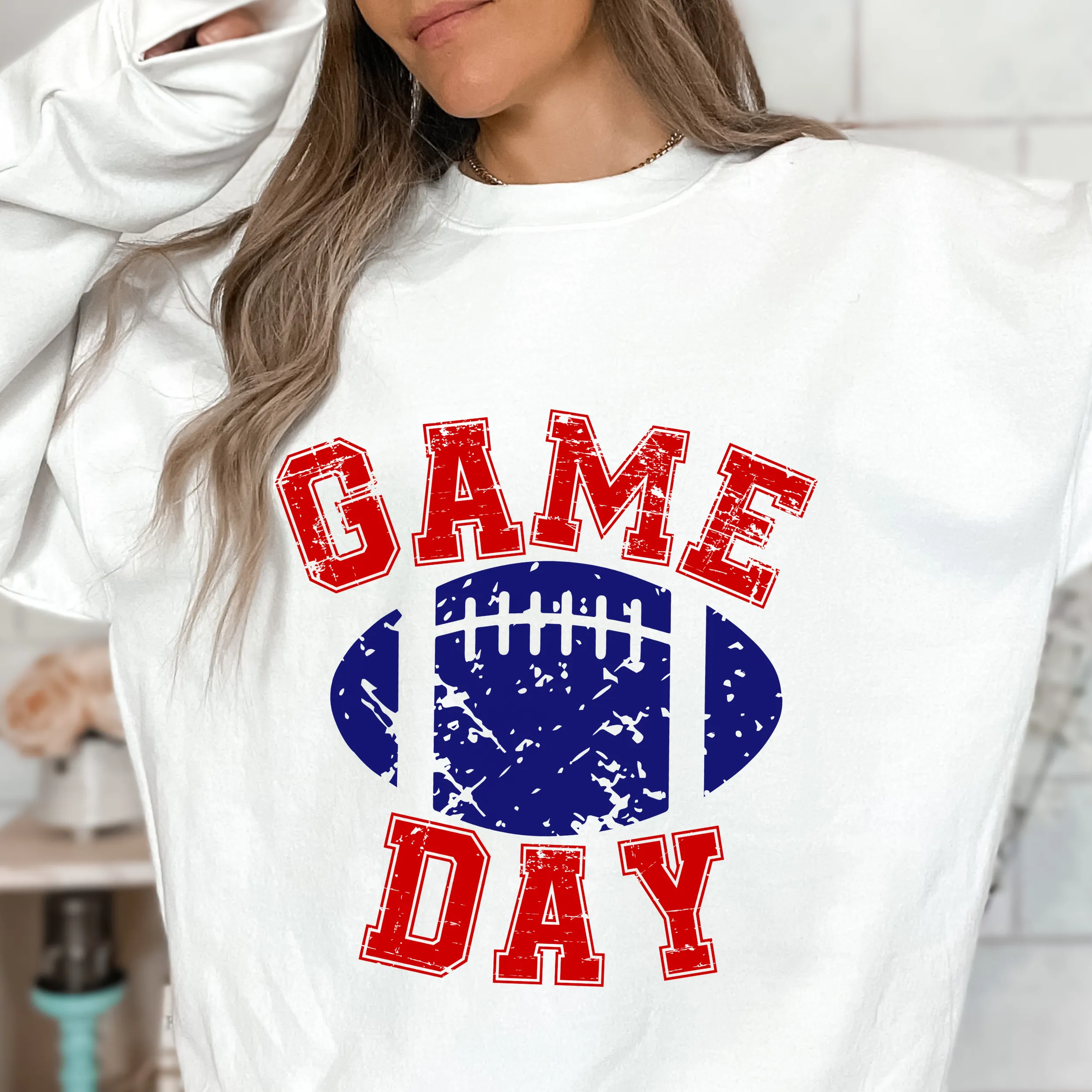 Game Day Unisex Women's or Men's White Hooded Distressed Football Design Sweatshirt or Hoodie