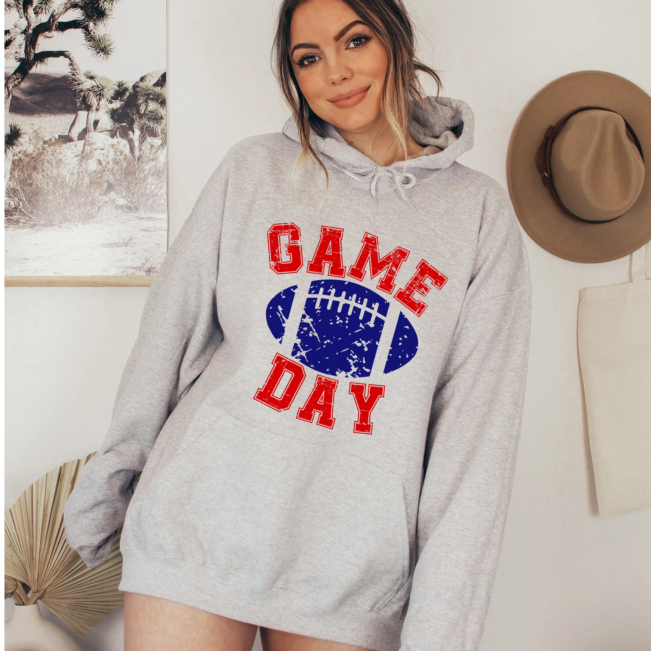 Game Day Unisex Women's or Men's White Hooded Distressed Football Design Sweatshirt or Hoodie