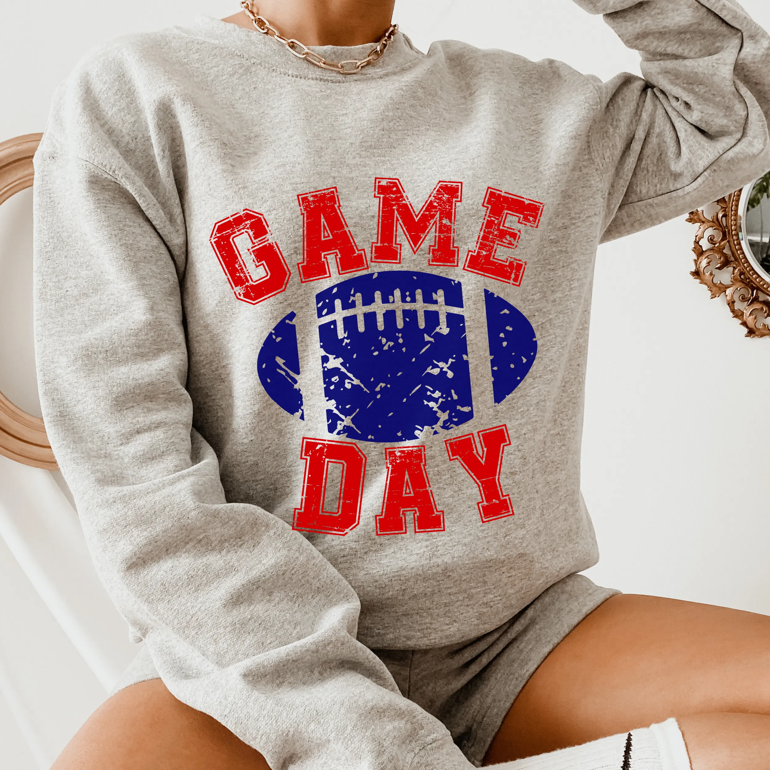 Game Day Unisex Women's or Men's White Hooded Distressed Football Design Sweatshirt or Hoodie