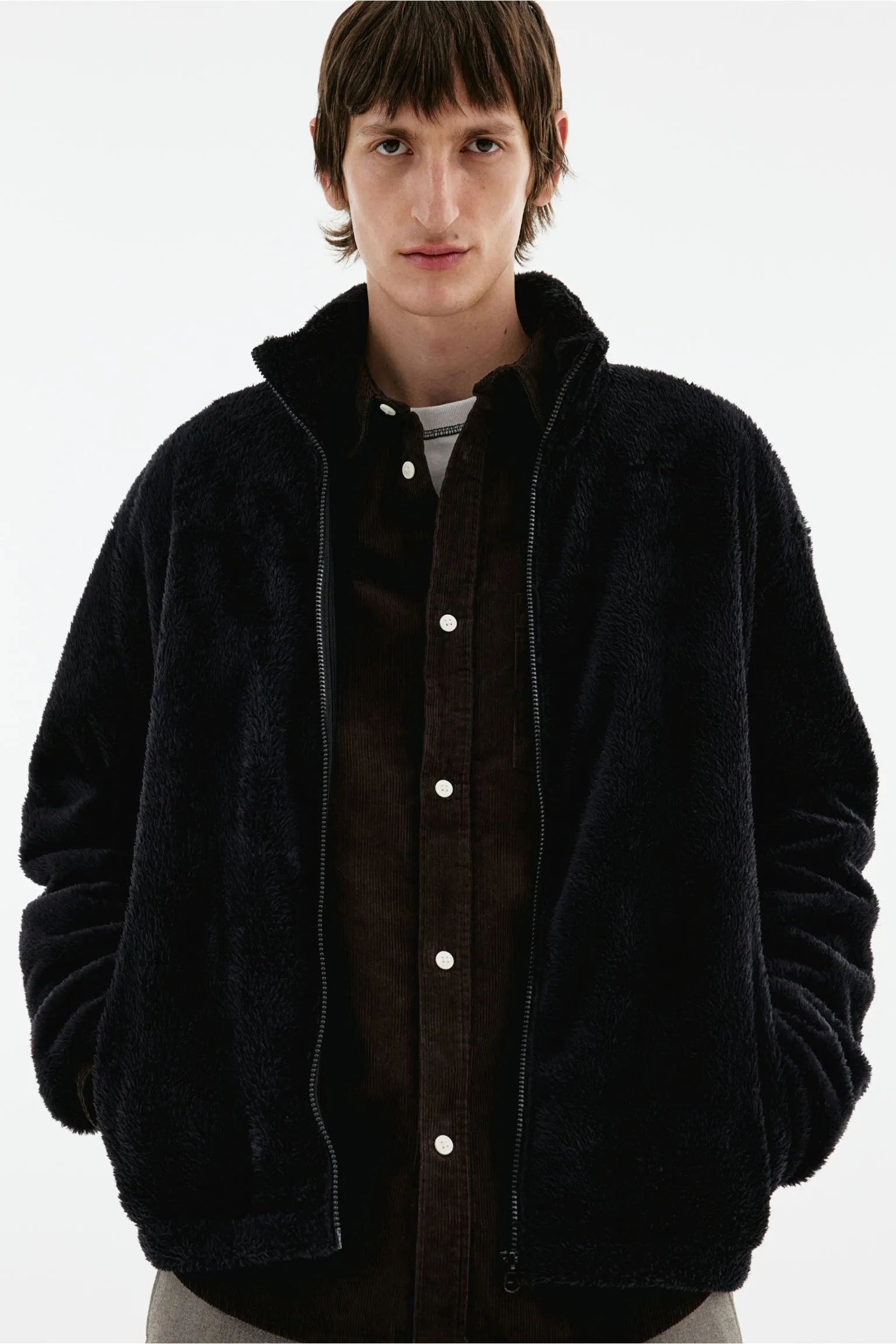 H&M Loose Fit Shirt in Teddy Fleece, black