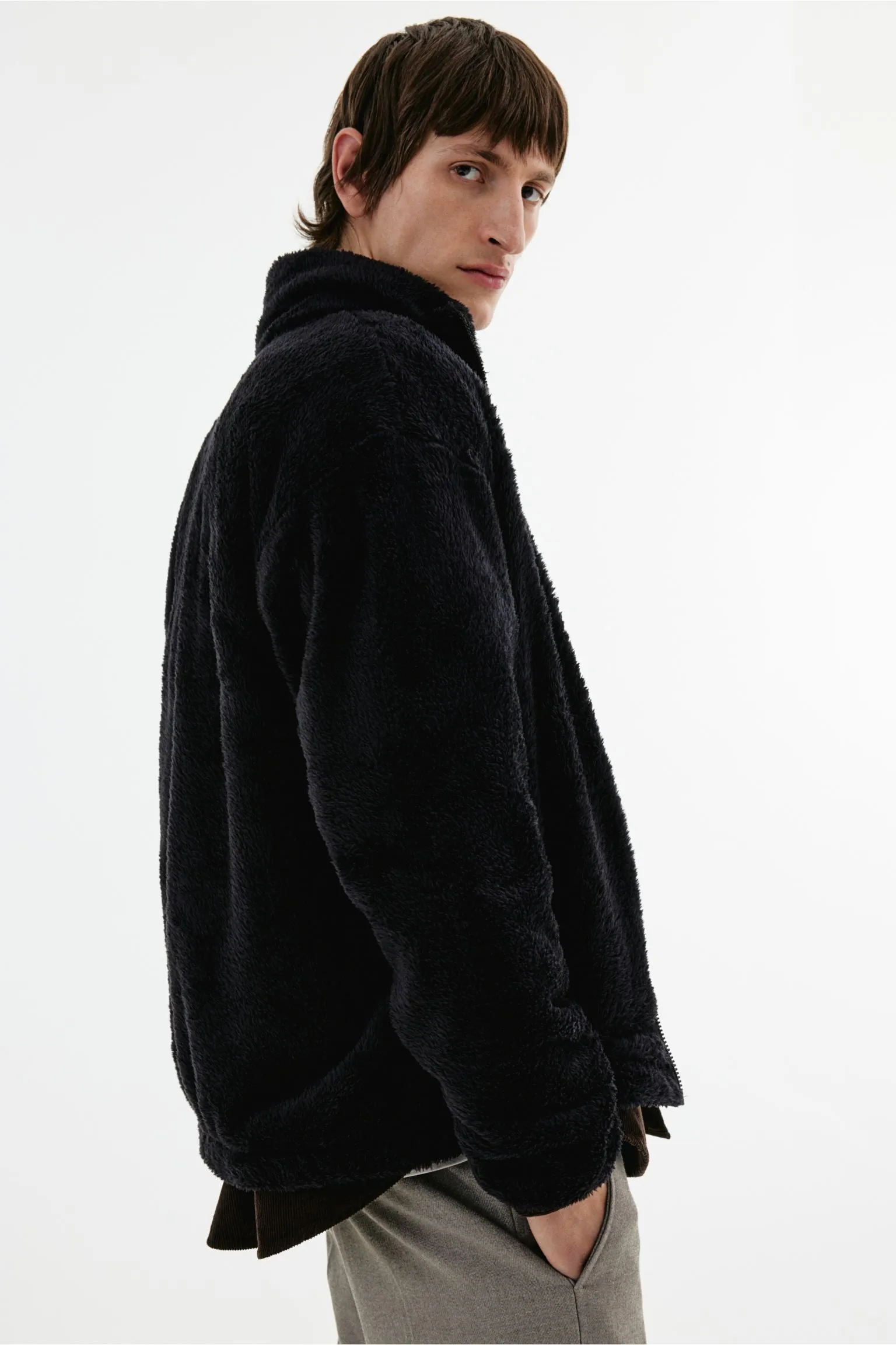 H&M Loose Fit Shirt in Teddy Fleece, black