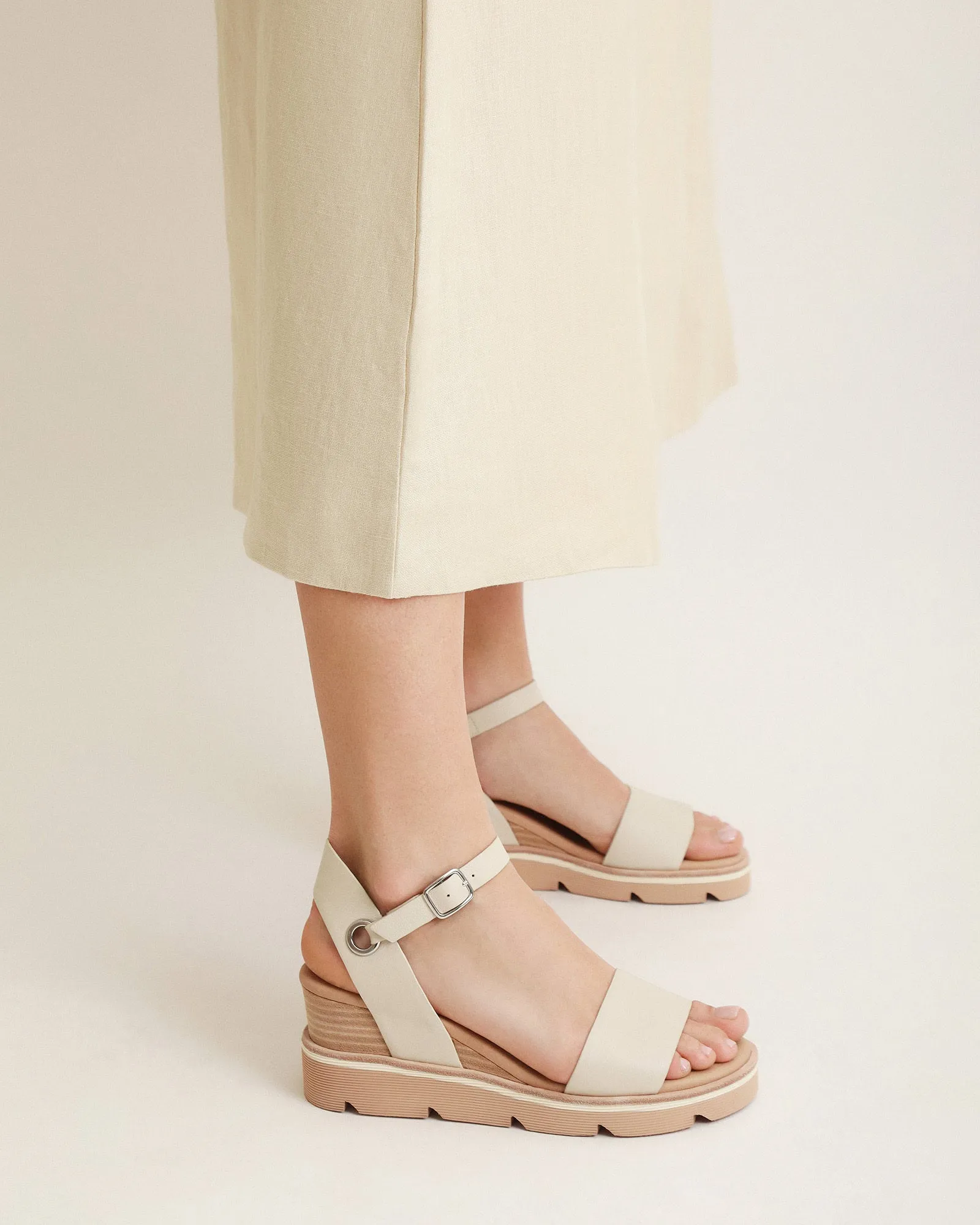 KATIE MID HEEL WEDGE SANDALS BONE LEATHER