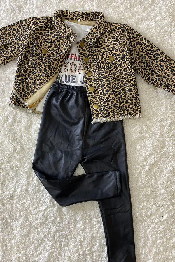 Kids Leopard printed long sleeve denim jacket w/pocket DLH2582