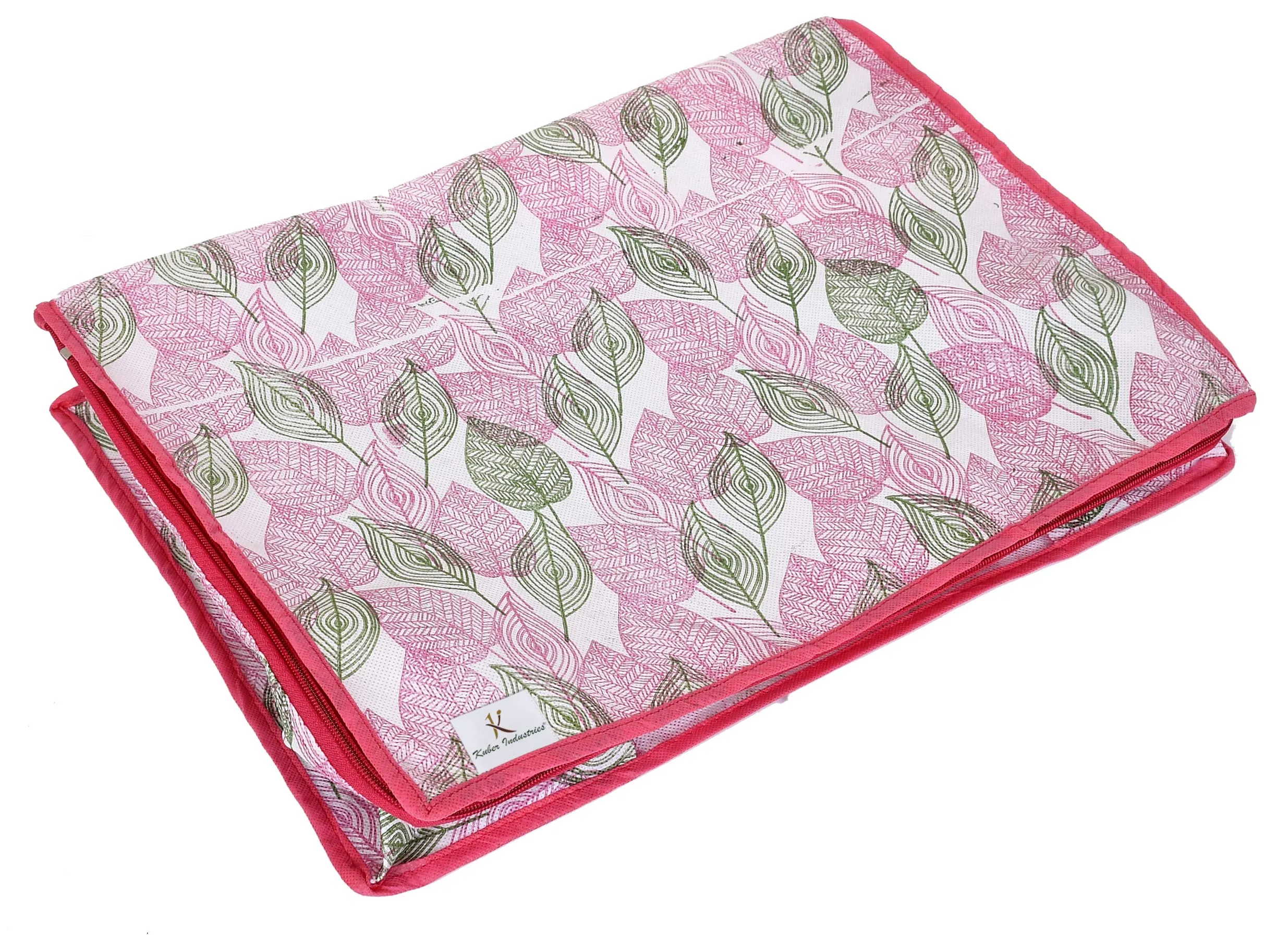 Kuber Industries Metallic Leafy Print Foldable Non Woven Fabric Clothes Storage Bag Wardrobe Organizer with Sturdy Zipper, Clear Window (KUBMART16618, Pink, 65 x 45 x 31 cm), Set of 3