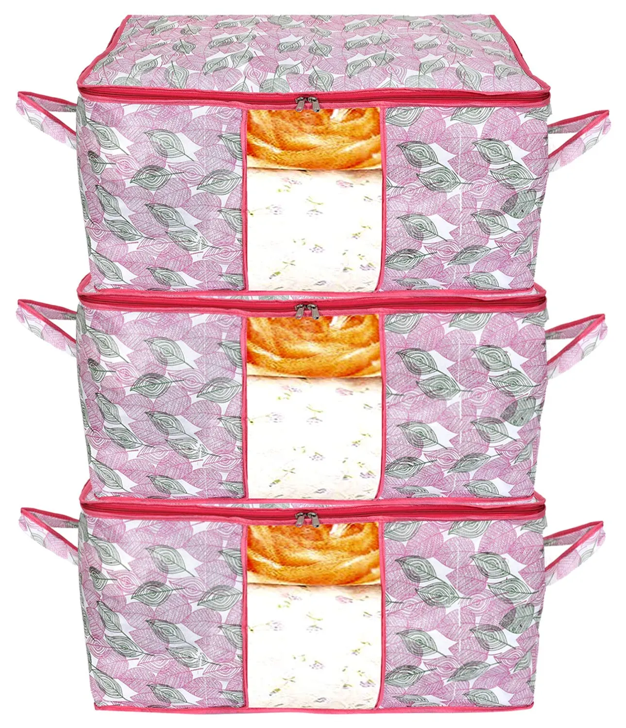 Kuber Industries Metallic Leafy Print Foldable Non Woven Fabric Clothes Storage Bag Wardrobe Organizer with Sturdy Zipper, Clear Window (KUBMART16618, Pink, 65 x 45 x 31 cm), Set of 3