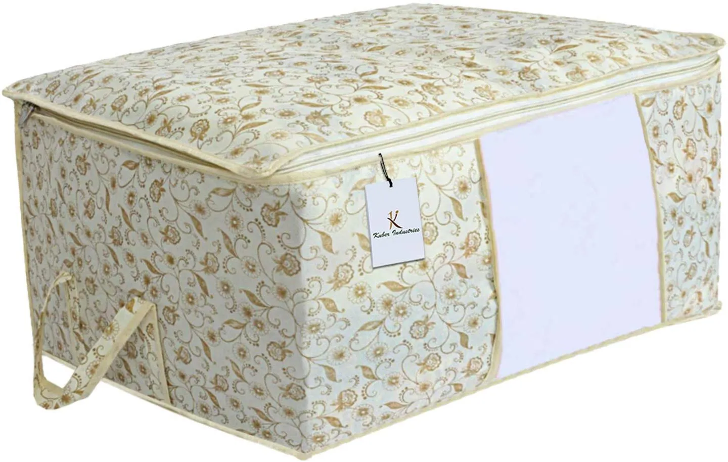 Kuber Industries Non-Woven Rectangular Metallic Printed Non Woven Underbed Storage Bag|Large Storage Organiser|Blanket Cover With Transparent Window|Size 65 X 47 X 34 Cm (Extra Large, Cream)