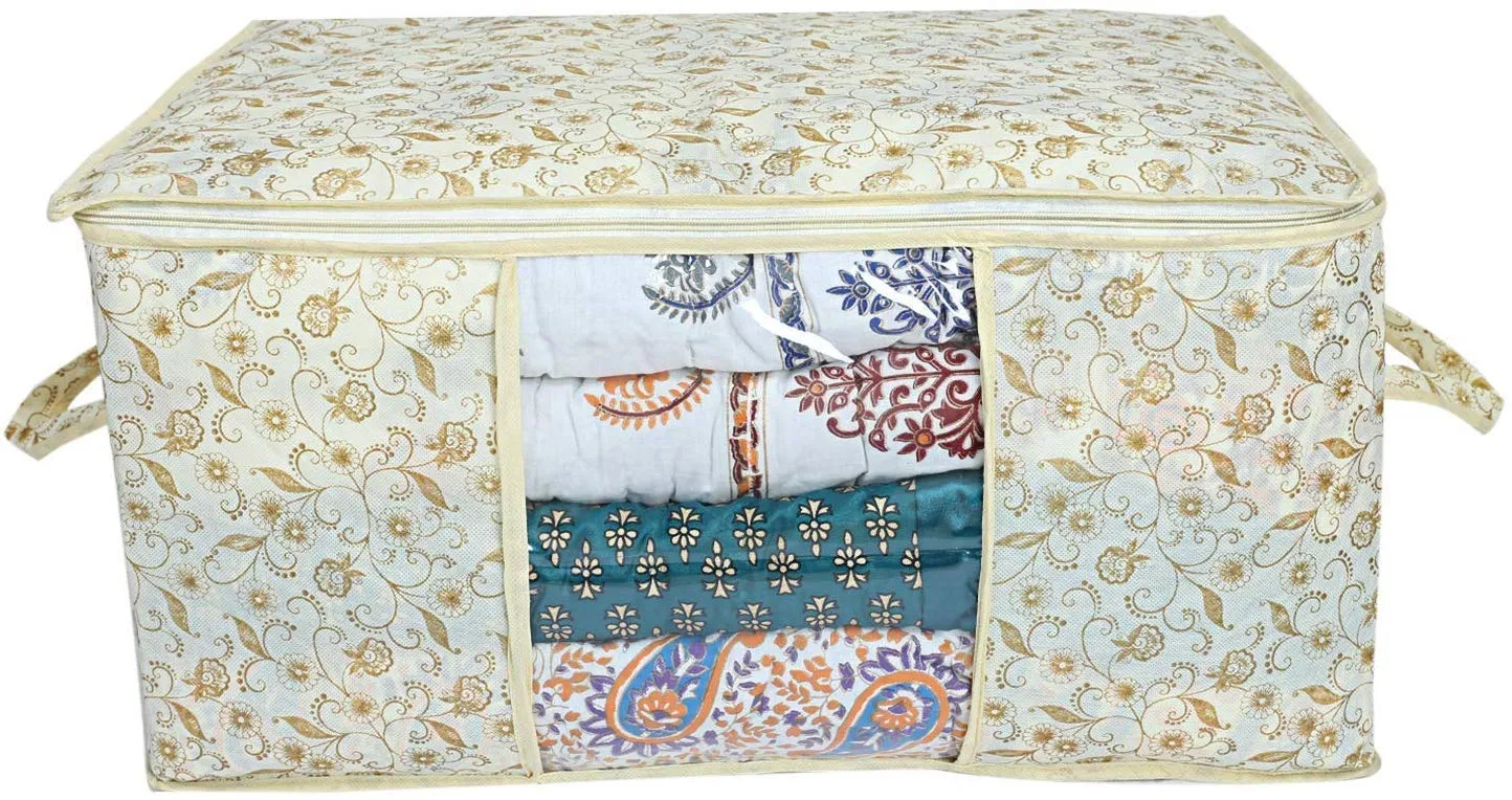 Kuber Industries Non-Woven Rectangular Metallic Printed Non Woven Underbed Storage Bag|Large Storage Organiser|Blanket Cover With Transparent Window|Size 65 X 47 X 34 Cm (Extra Large, Cream)