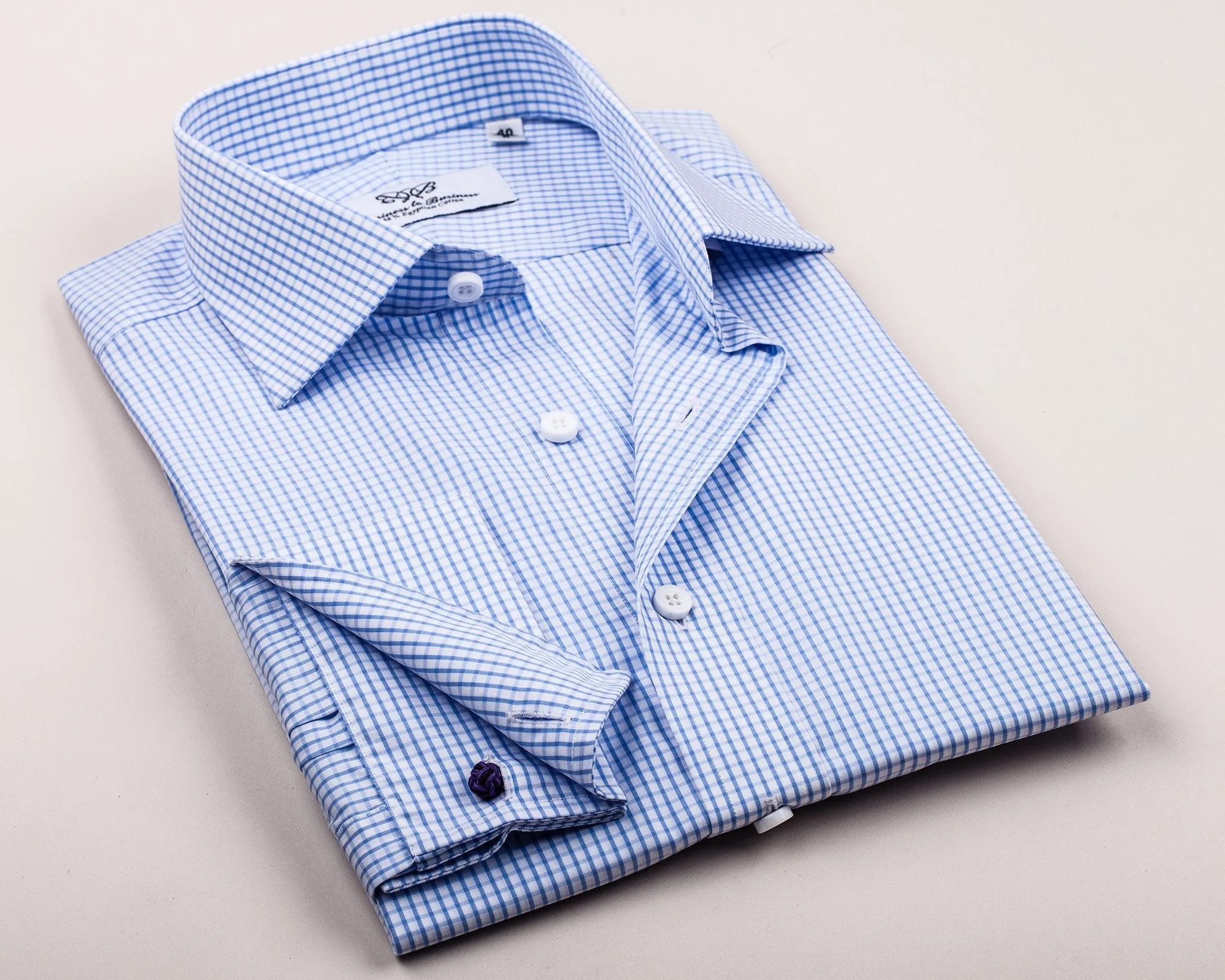 Light Blue Gingham Check Formal Business Dress Shirt Luxury Designer Fashion