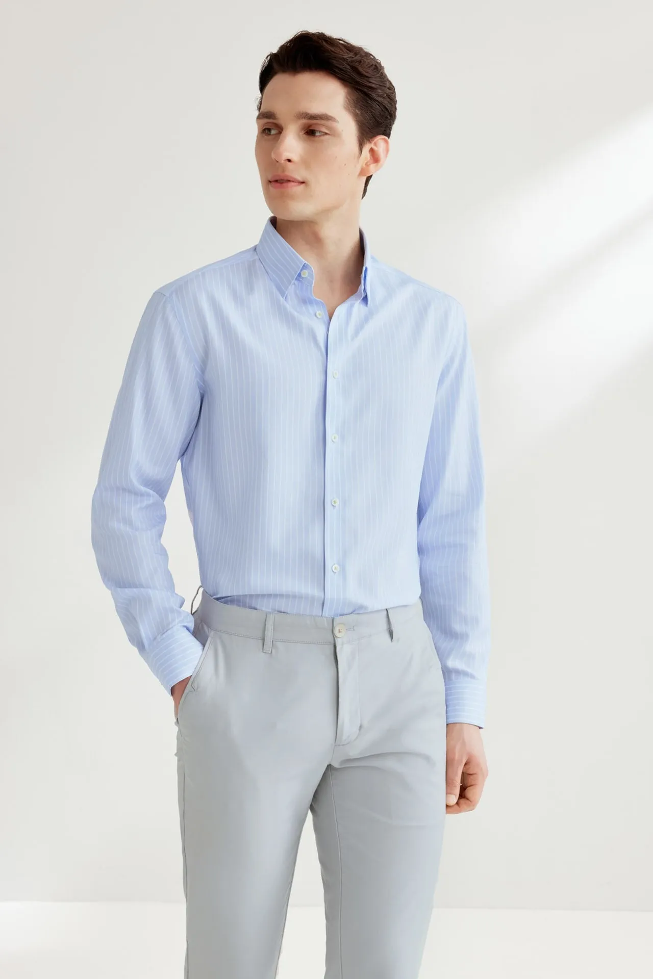 Non-Iron Super Soft Lyocell Blend Stripe Shirt in Smart Fit