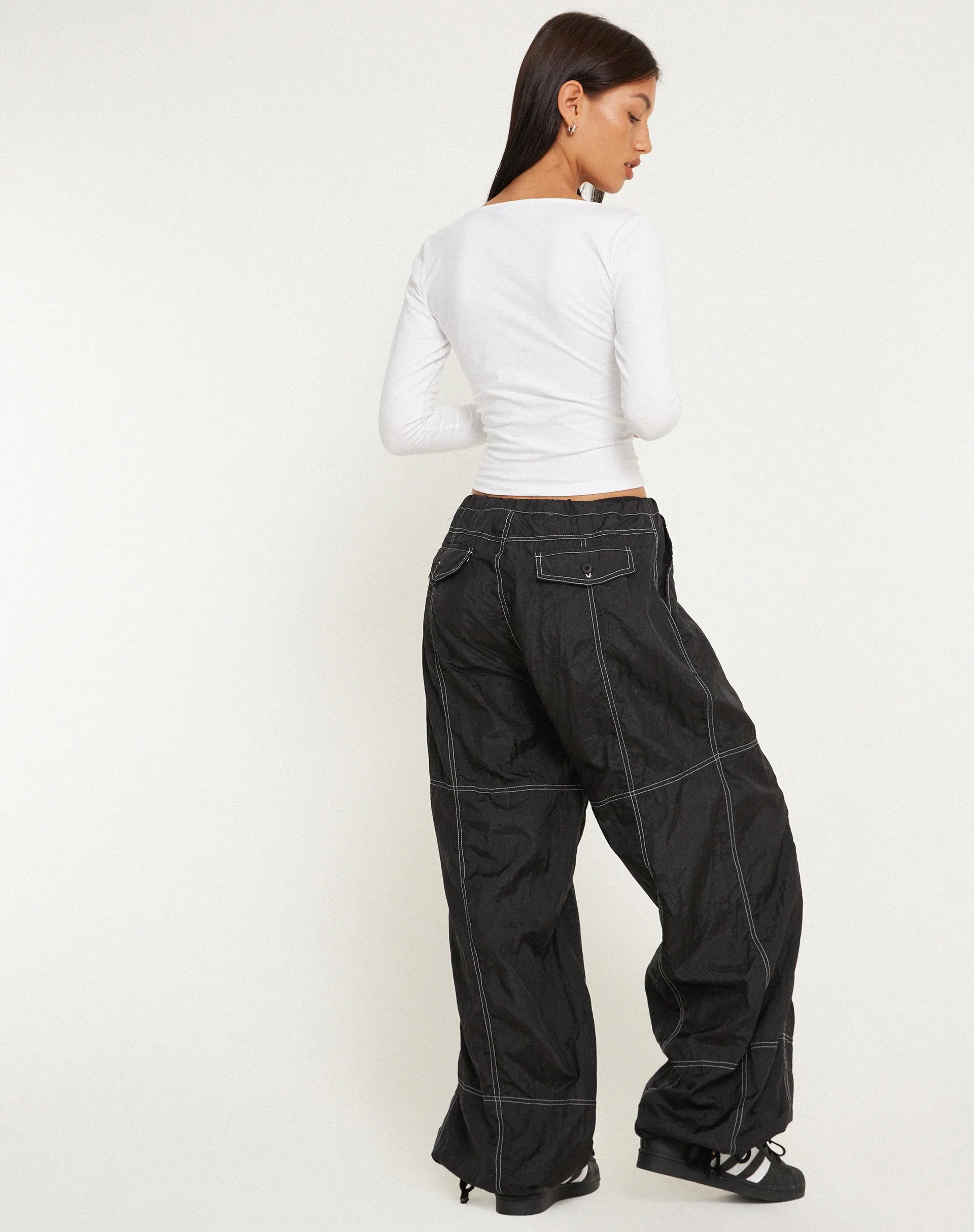 Phil Low Waist Trouser in Black with White Top Stitch