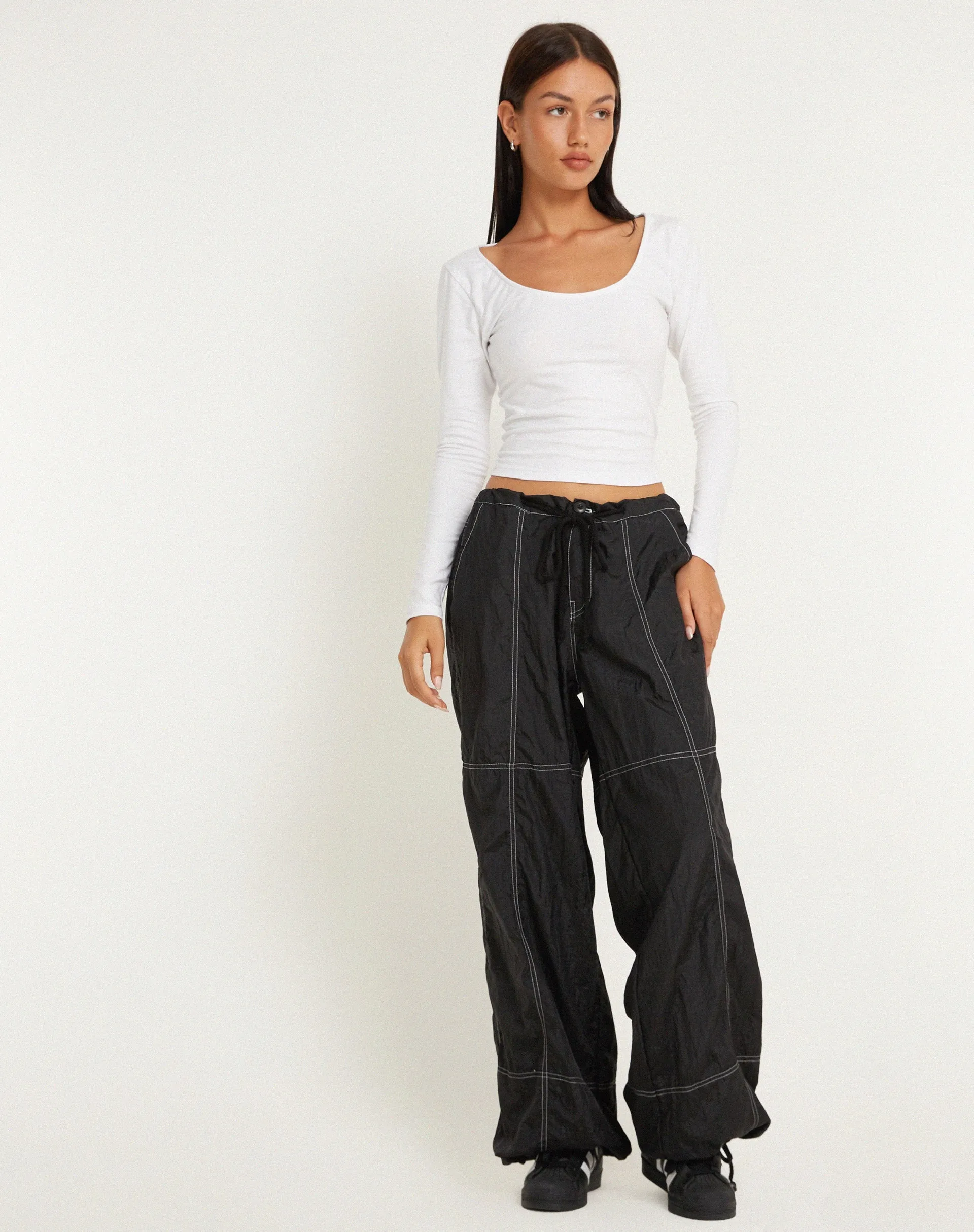 Phil Low Waist Trouser in Black with White Top Stitch