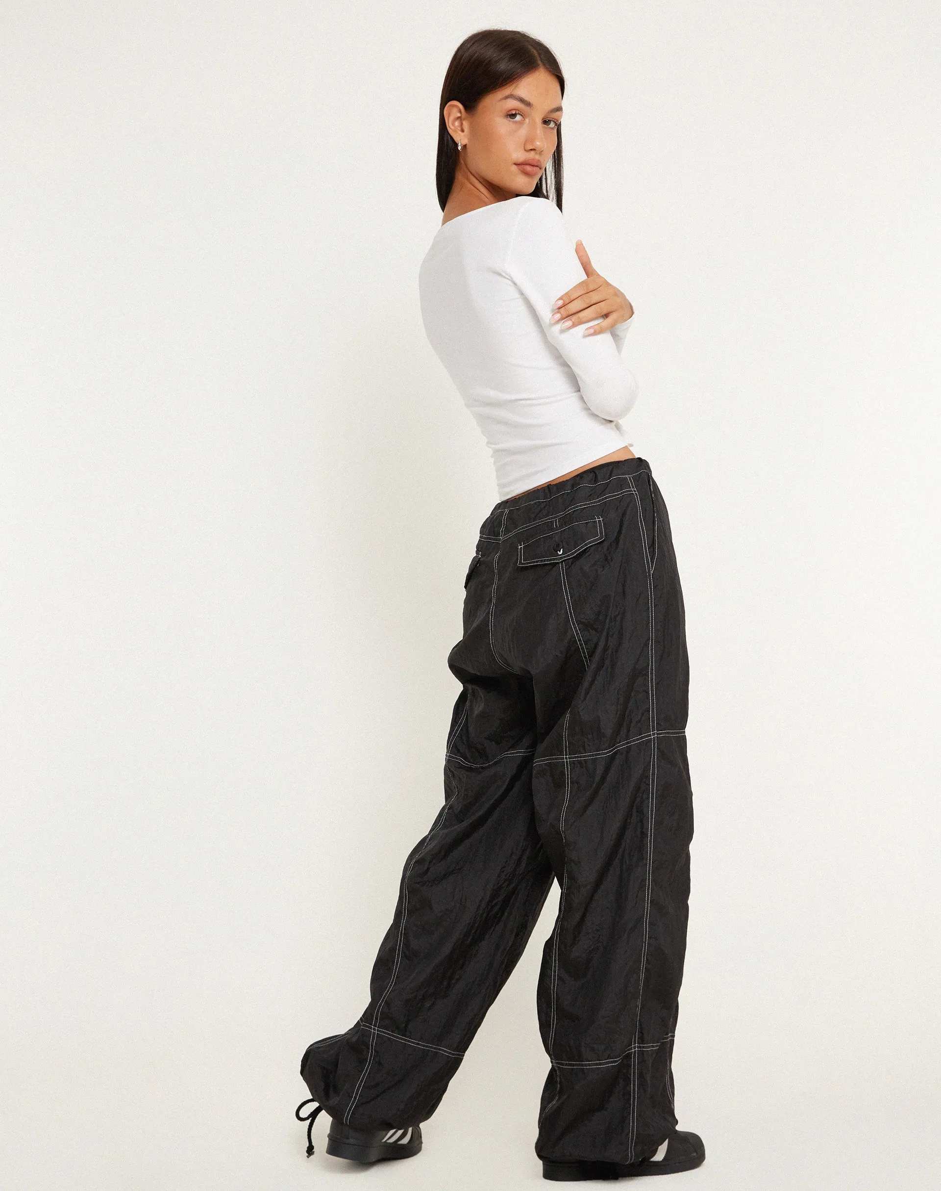 Phil Low Waist Trouser in Black with White Top Stitch