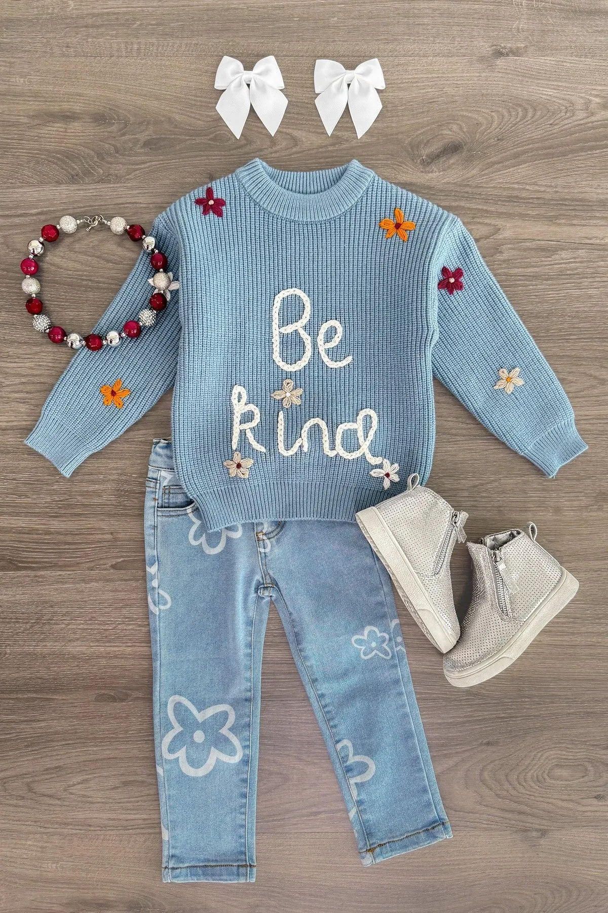 "Be Kind" Blue Floral Knit Sweater