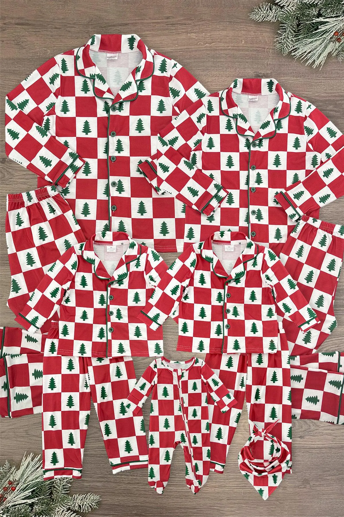 Red & White Checkered Tree Family Pajamas - AND PET BANDANA!