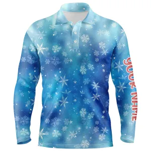 Snowflakes And Blurred Lights Blue Christmas Golf Men Polo Shirts Custom Golf Shirts For Men