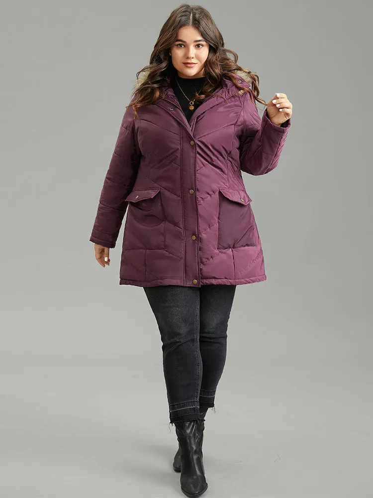 Solid Flap Pocket Fuzzy Trim Padded Coat