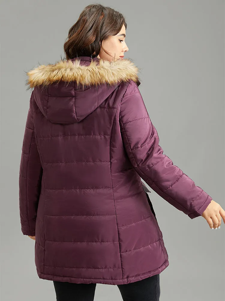 Solid Flap Pocket Fuzzy Trim Padded Coat