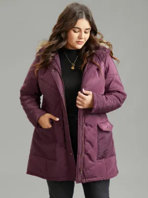 Solid Flap Pocket Fuzzy Trim Padded Coat