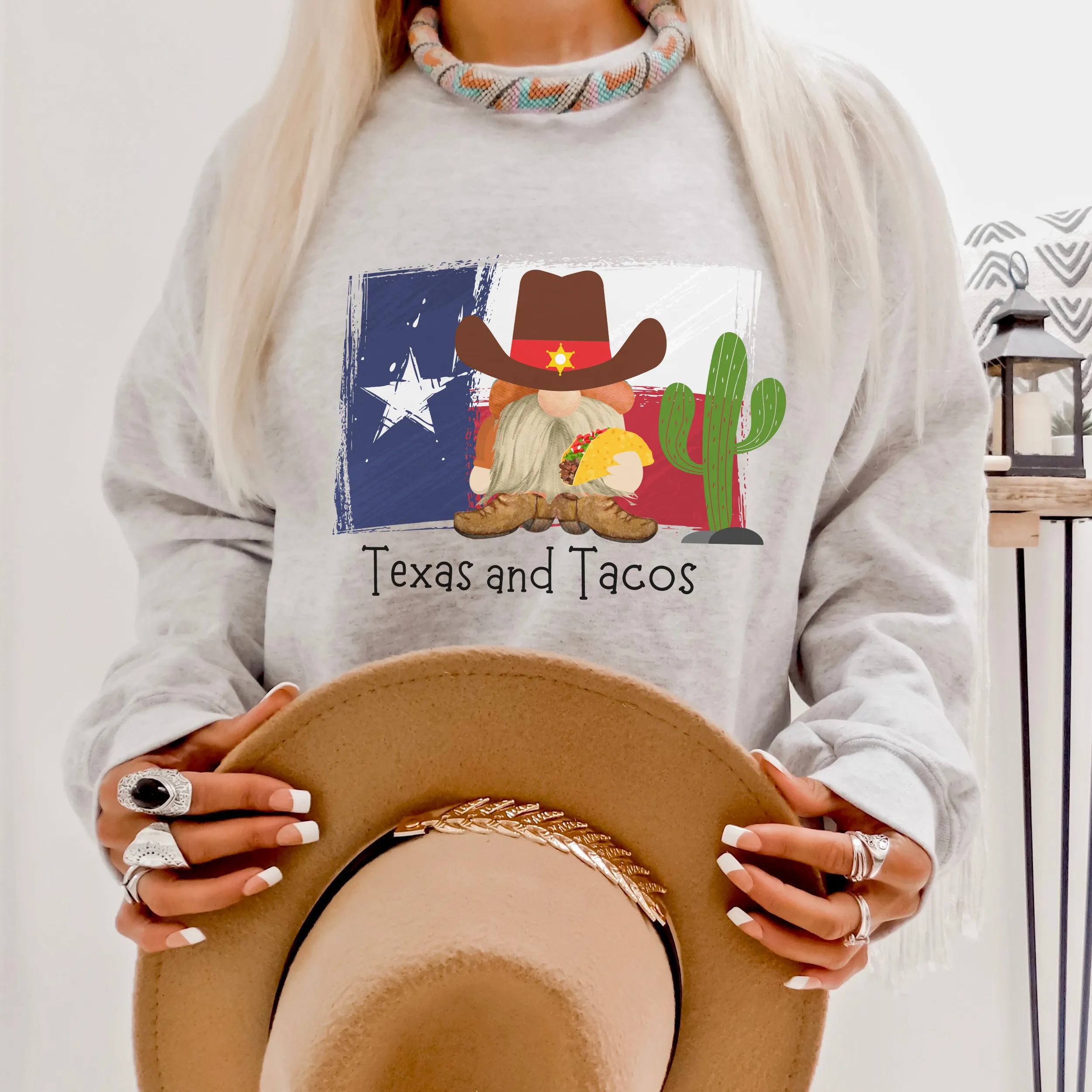 Texas and Tacos Crewneck Sweatshirt or T-Shirt Women's Pullover Cute Texas Gnome and Taco Pullover or Tee