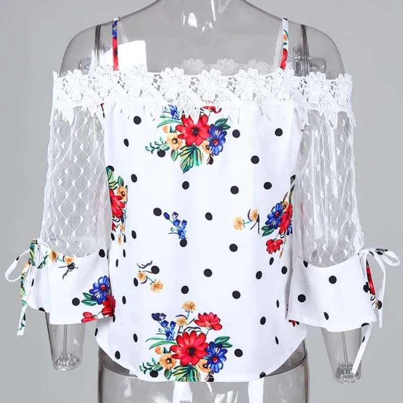 Women Elegant Stylish Casual Cold Shoulder Mesh Insert Dots Floral Print Blouse