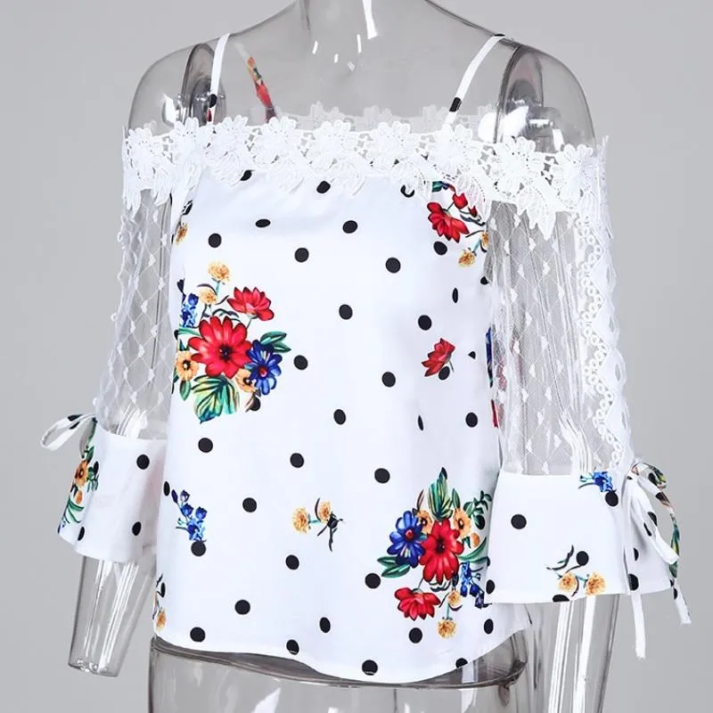 Women Elegant Stylish Casual Cold Shoulder Mesh Insert Dots Floral Print Blouse