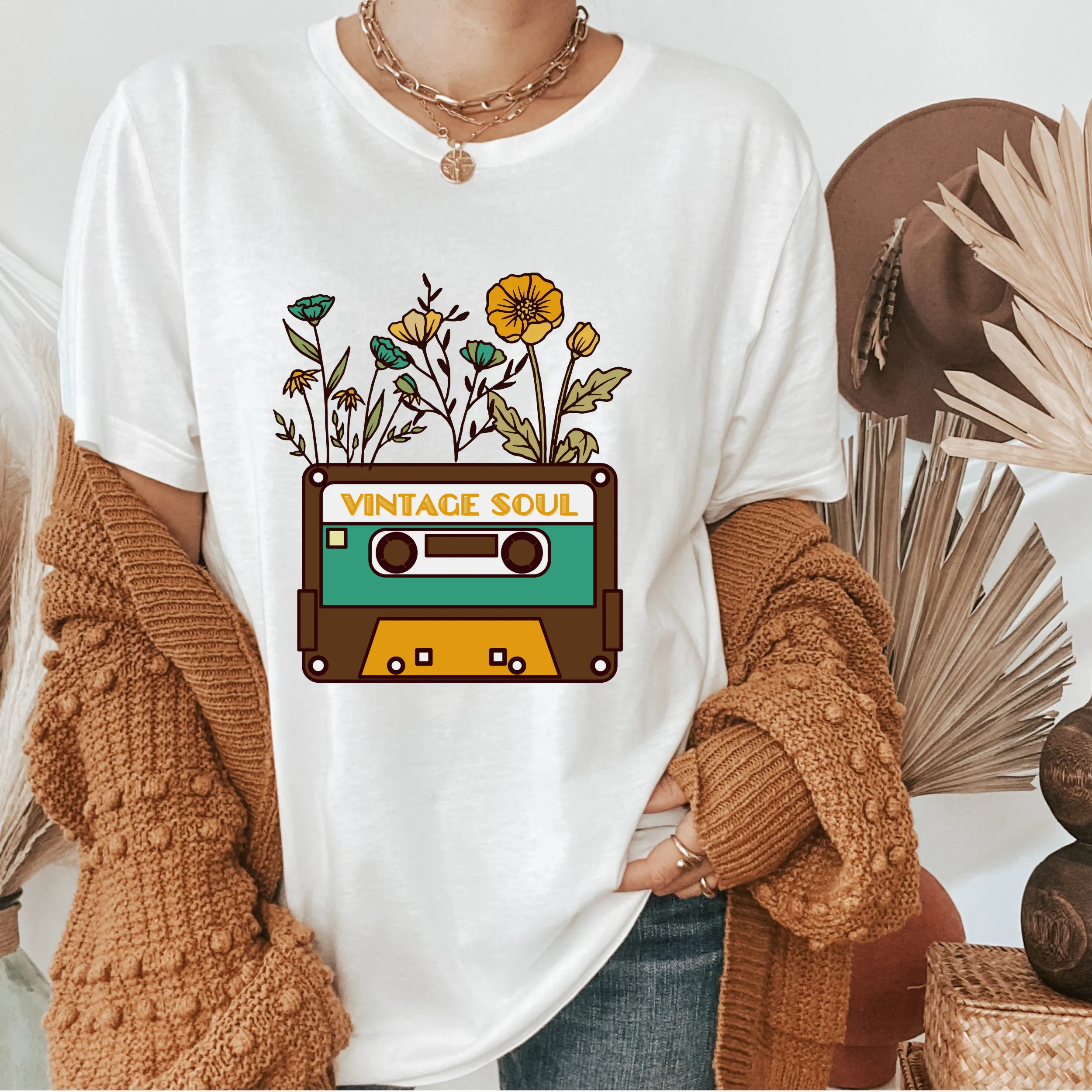 Women's Vintage Soul Eighties Cassette Tape T Shirt or Crewneck Sweatshirt Women's Unisex Cassette Tape Vintage Flowers Tee Gift for Her