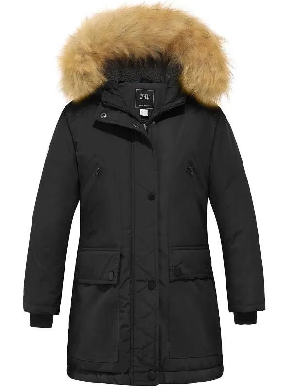 ZSHOW Girls' Winter Parka Coat Warm Padded Hooded Long Puffer Jacket